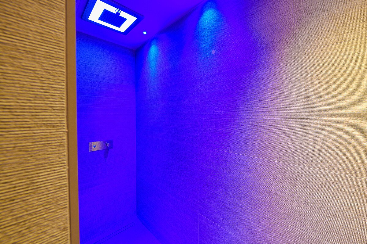 Eine moderne Dusche mit hölzernen Wänden und blauem LED-Licht. Die Decke ist mit einem quadratischen Duschkopf ausgestattet.