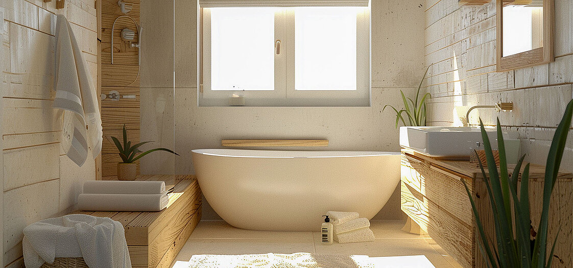 Ein Bild von einem Badezimmer in Holzoptik und mit Pflanzen und einem Fenster.