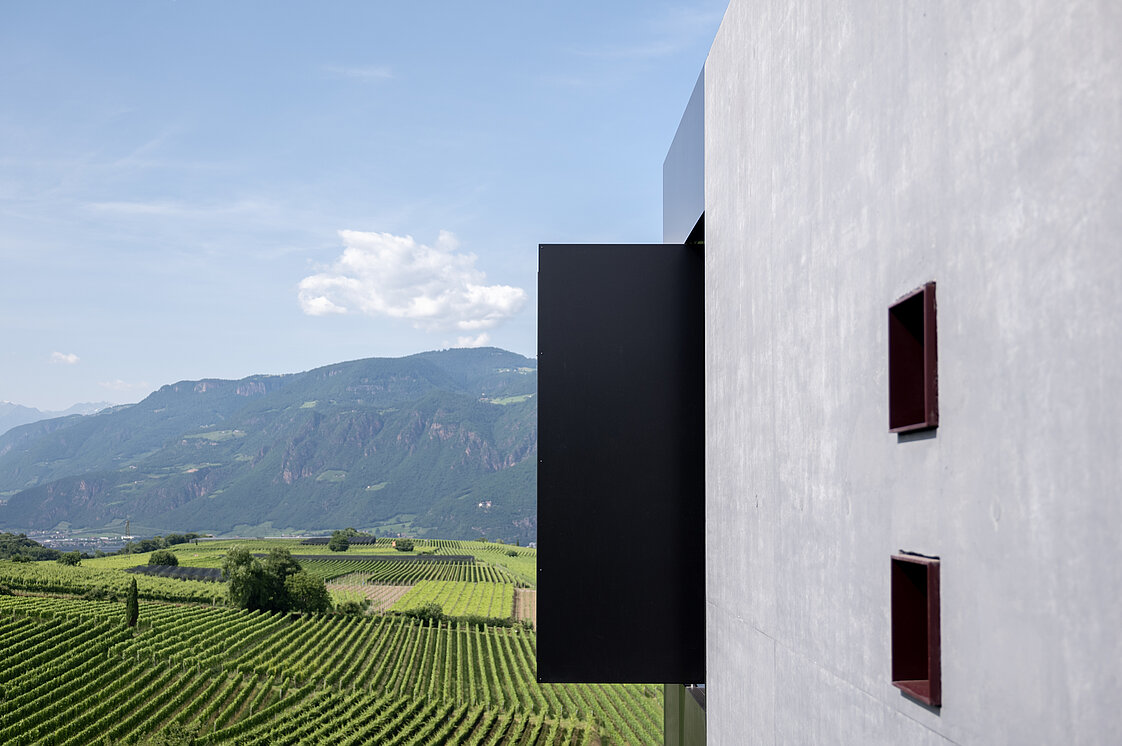 Ein modernes, graues Gebäude vor einer Landschaft mit grünen Weinbergen und einem Berg im Hintergrund unter klarem blauem Himmel.