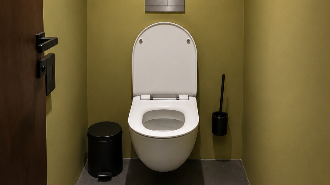 Eine moderne Toilette in einem engen Raum mit grünen Wänden. Neben der Toilette befindet sich ein schwarzer Mülleimer und eine Toilettenbürste. Der Boden ist grau gefliest.