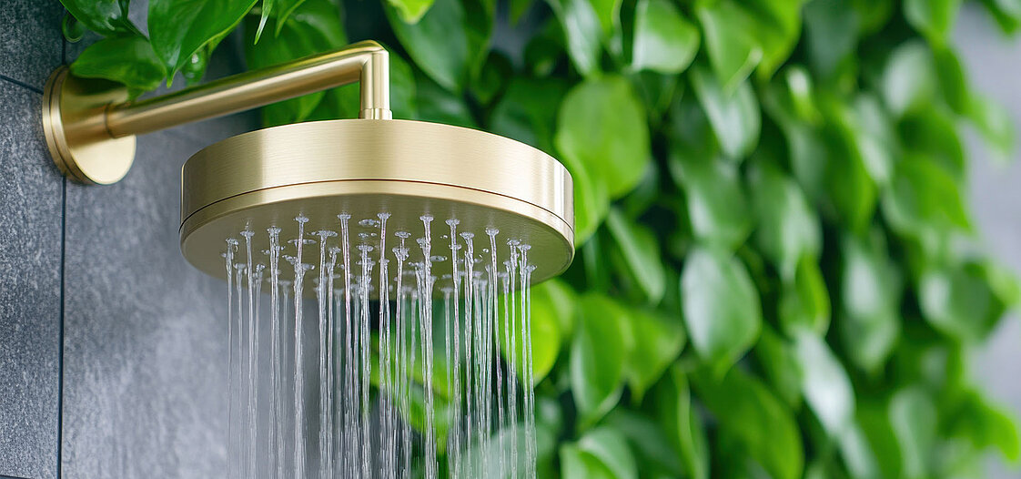 Goldene Dusche mit einer grünen Pflanze im Hintergrund.