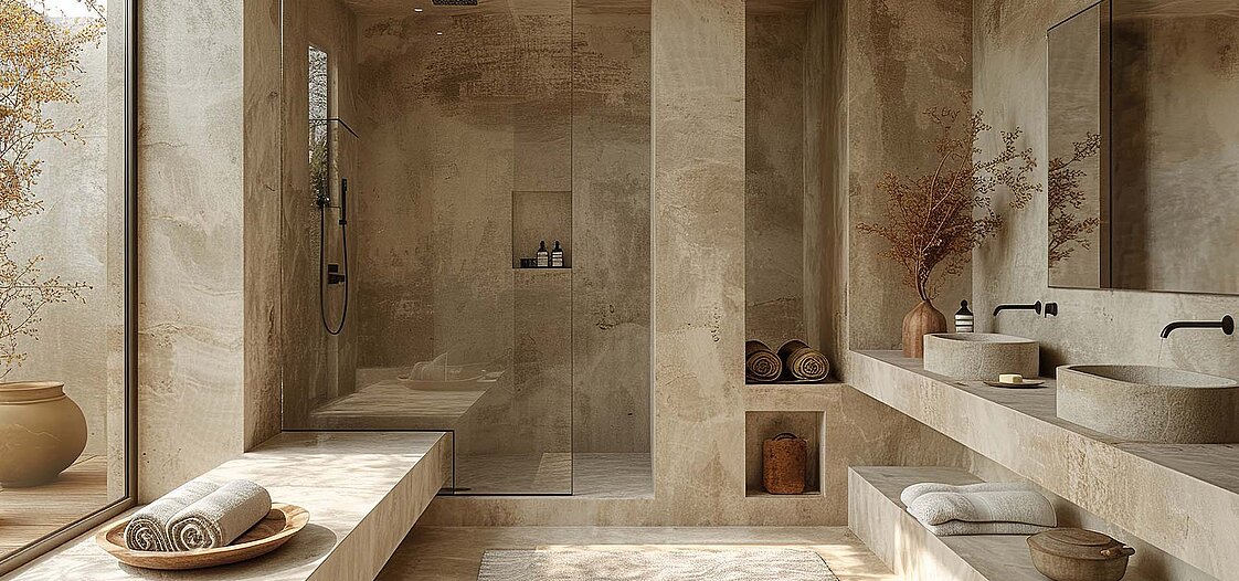 Ein Bild von einem Badezimmer komplett aus beigen Naturstein.