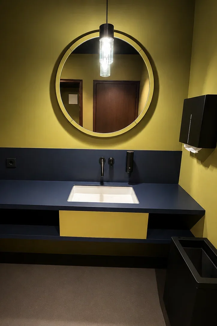 Modernes Badezimmer mit dunkelblauer Waschkonsole, runder Spiegel, hängender Lampe und grünen Wänden. Eine Wandseifenspenderbox ist sichtbar, ebenso wie ein stilvoller Handtuchhalter. Der Boden ist schlicht und die Beleuchtung schafft eine gemütliche Atmosphäre.