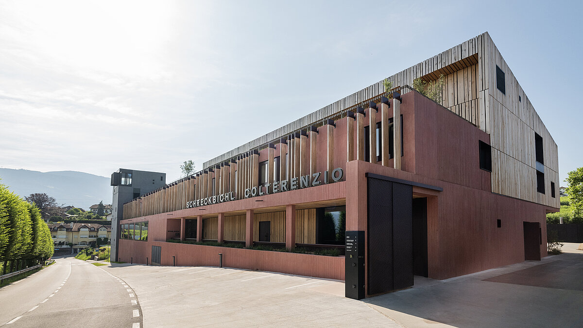 Ein modernes Gebäude mit einer Holz- und Betonfassade steht an einer ruhigen Straße. Es ist von Pflanzen umgeben und trägt den Schriftzug "Cantina Bolzano". Der Himmel ist klar und sonnig.